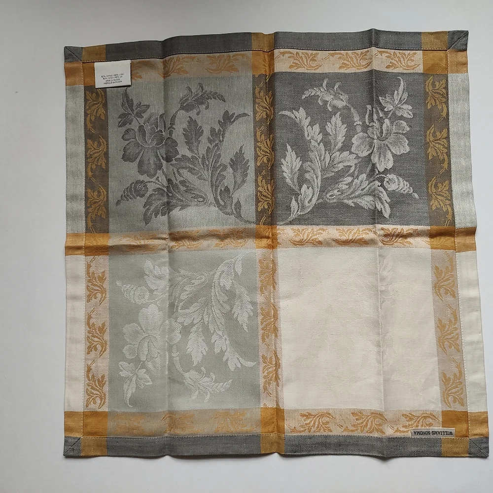 Williams Sonoma Villa 4 Napkins Jacquard Grey Yellow Beige Cream Cotton Linen